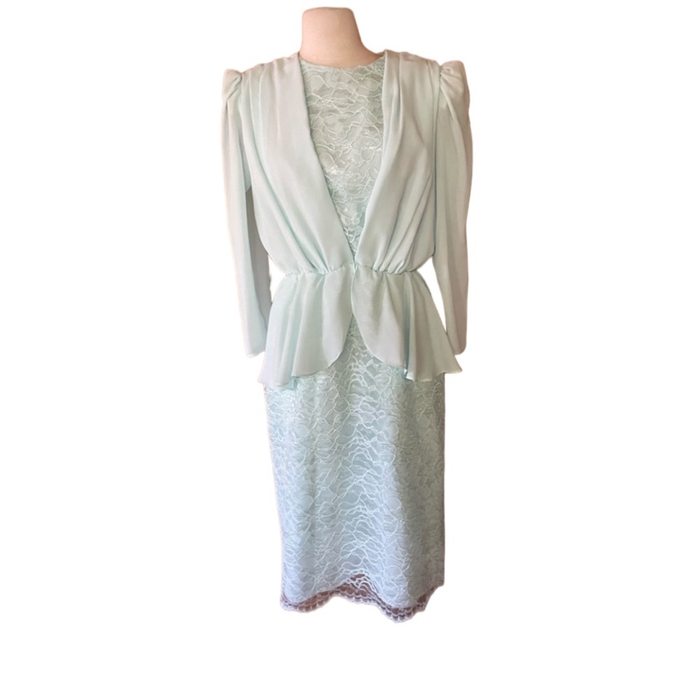 1980s Pale Blue, Lace, Peplum‎ Dress